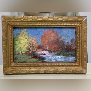 Antique Miniature Gold Painted Wooden Framed Original Nature Scene Oil Painting